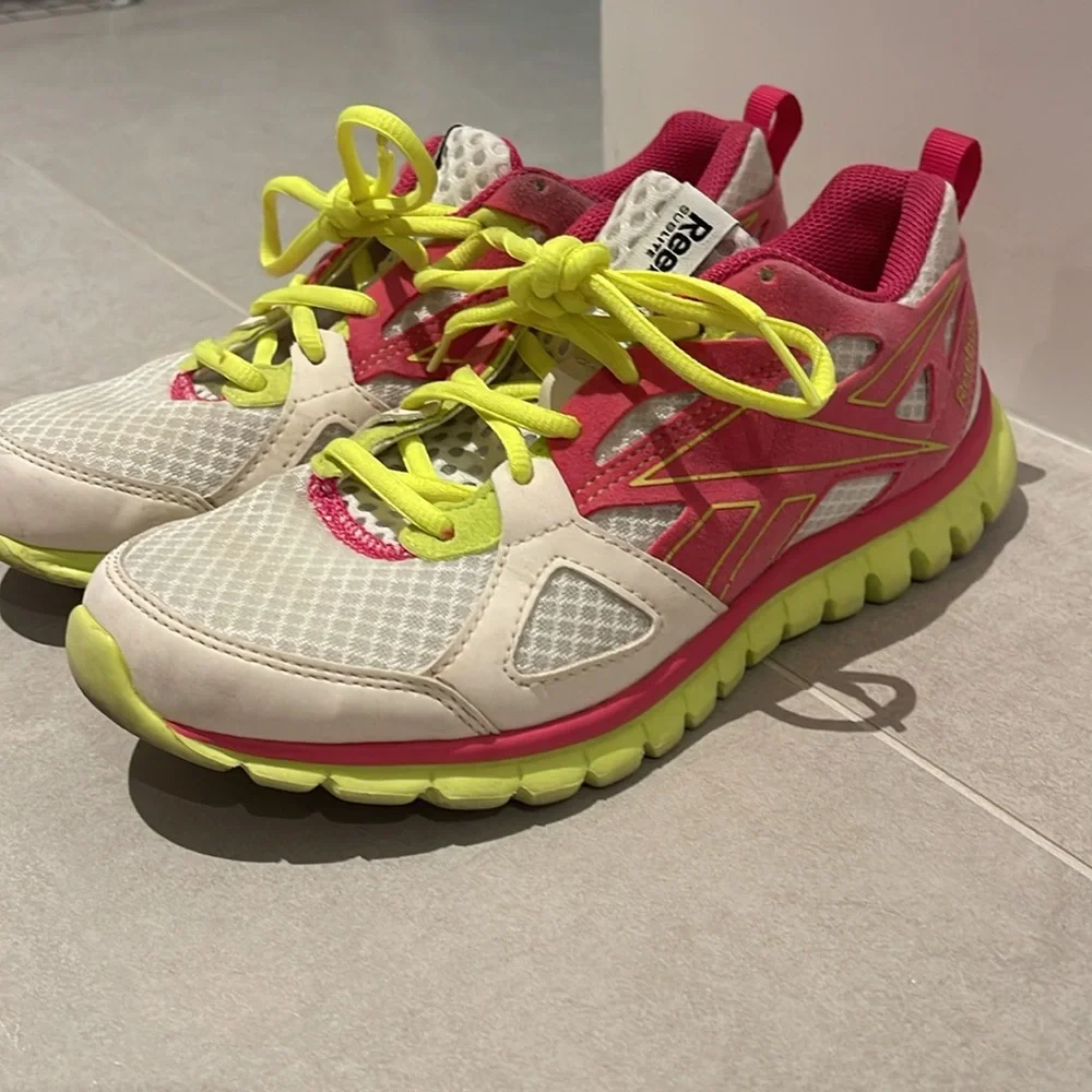 Reebok Sublite women pink neon yellow white size 6 sneakers shoes gym fitness